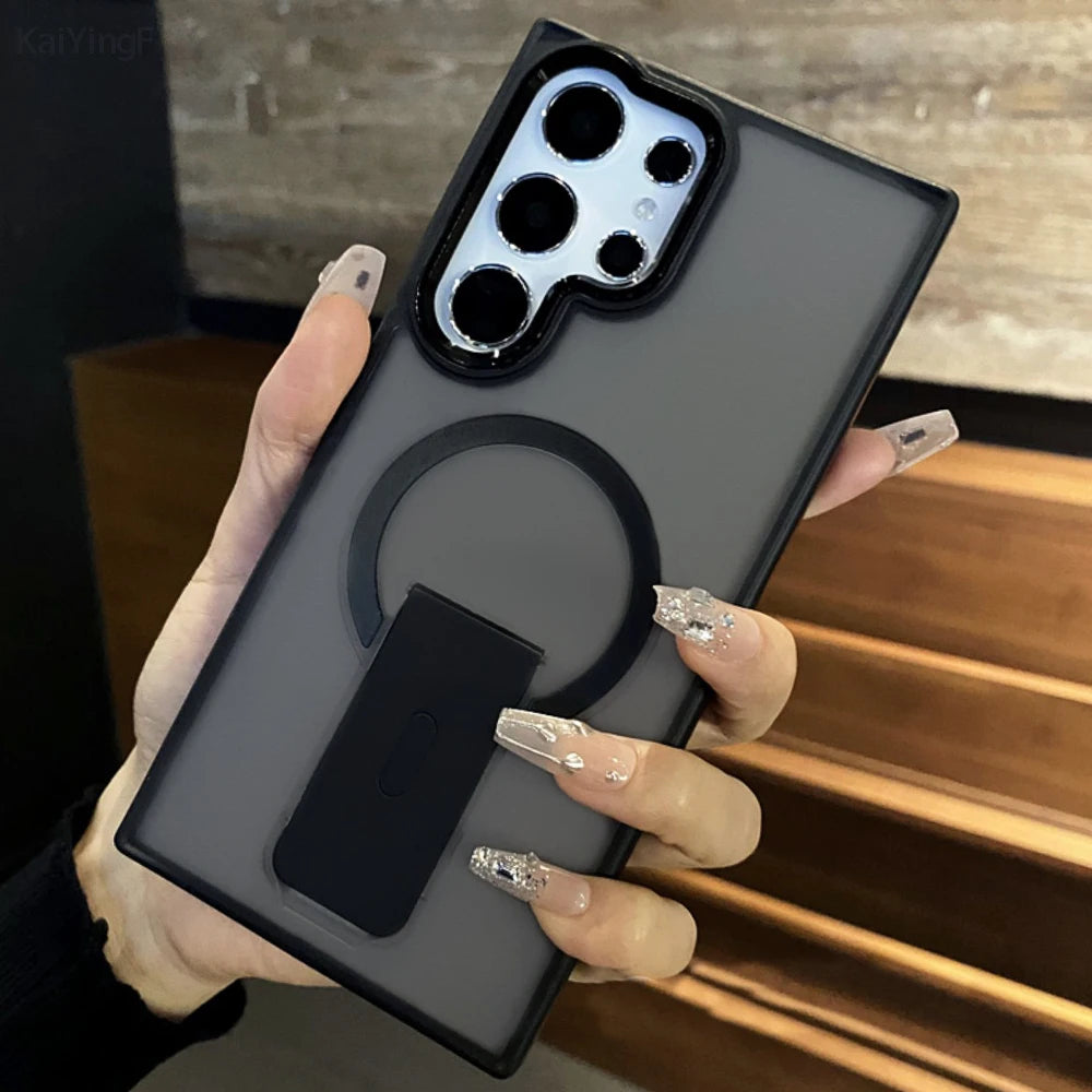 Luxury Magnetic Wireless Charge For Magsafe Case For Samsung Galaxy S25 S23 Ultra S24 Plus FE Folding Stand Holder Matte Cover