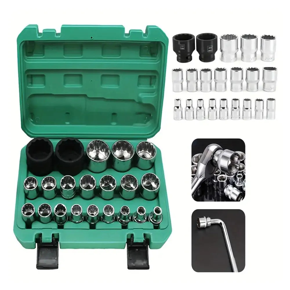 Podofo 21pcs 1/2inch Spanner Multi-Tooth Socket Set for 6 and 12 Points 8-36mm External Multi-Tooth Socket Box Car Nut 12-edge