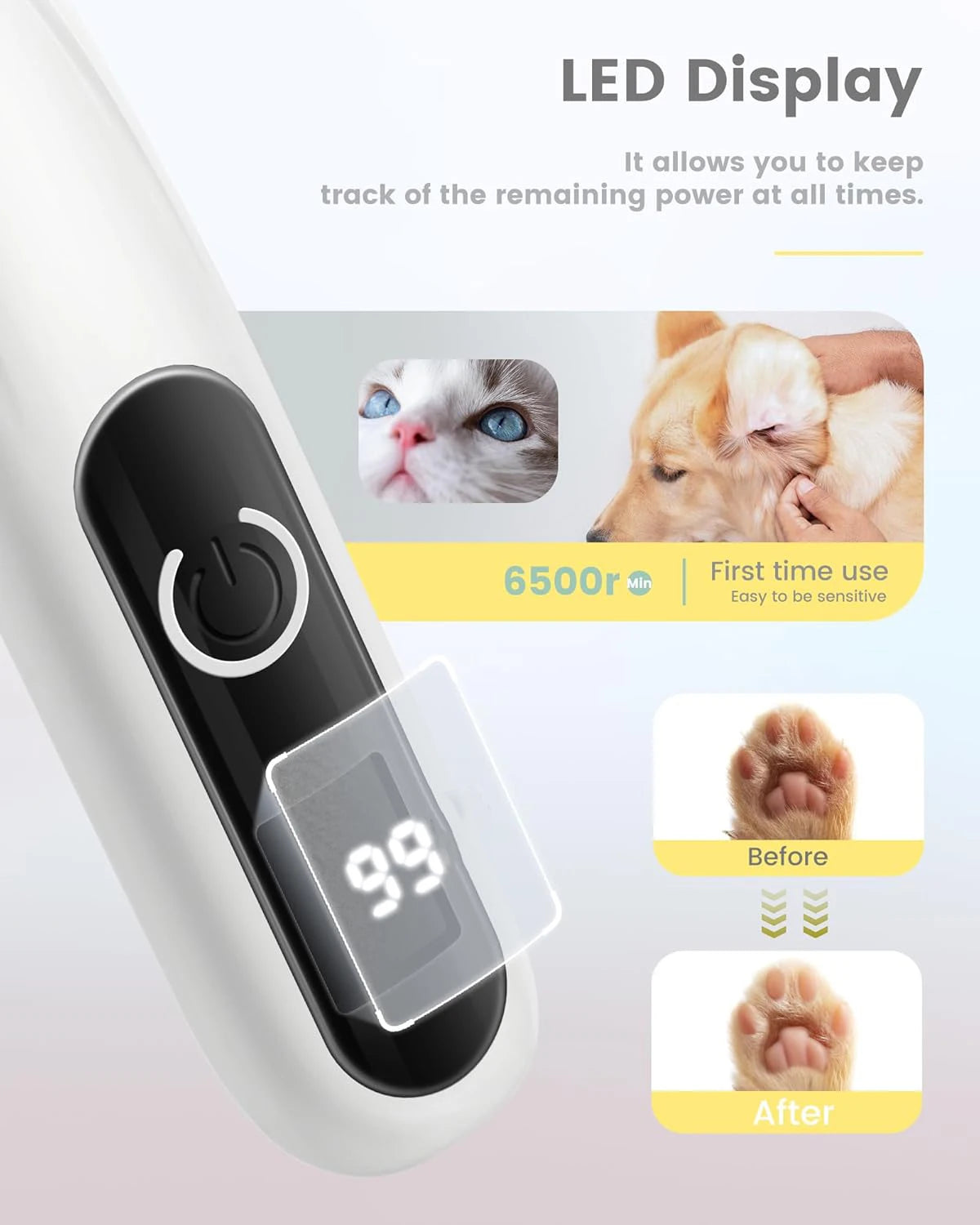 Zastřihovač zvířecí srsti s LED displejem, ultra tichý, keramické a nerezové břity, USB dobíjecí elektrický strojek na stříhání psů a koček