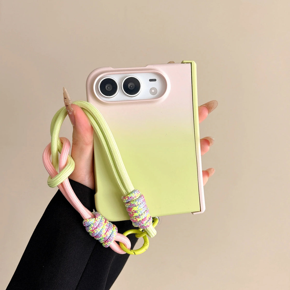 For iPhone Duo 2026 Luxury Gradient Color Hinge Protection Phone Case for iPhone DUO 18 Ultra 18Fold Wrist Strap Lanyard Cover