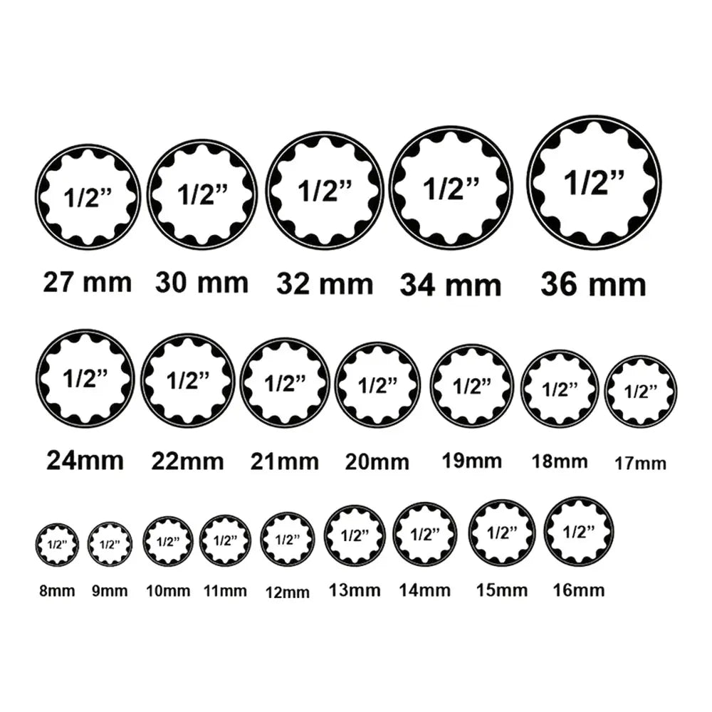 Podofo 21pcs 1/2inch Spanner Multi-Tooth Socket Set for 6 and 12 Points 8-36mm External Multi-Tooth Socket Box Car Nut 12-edge