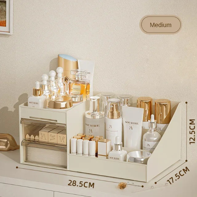 Large Capacity Makeup Cosmetic Organizer with Drawer Multi-Compartment Vanity Countertop Skincare Storage for Bathroom Dresser