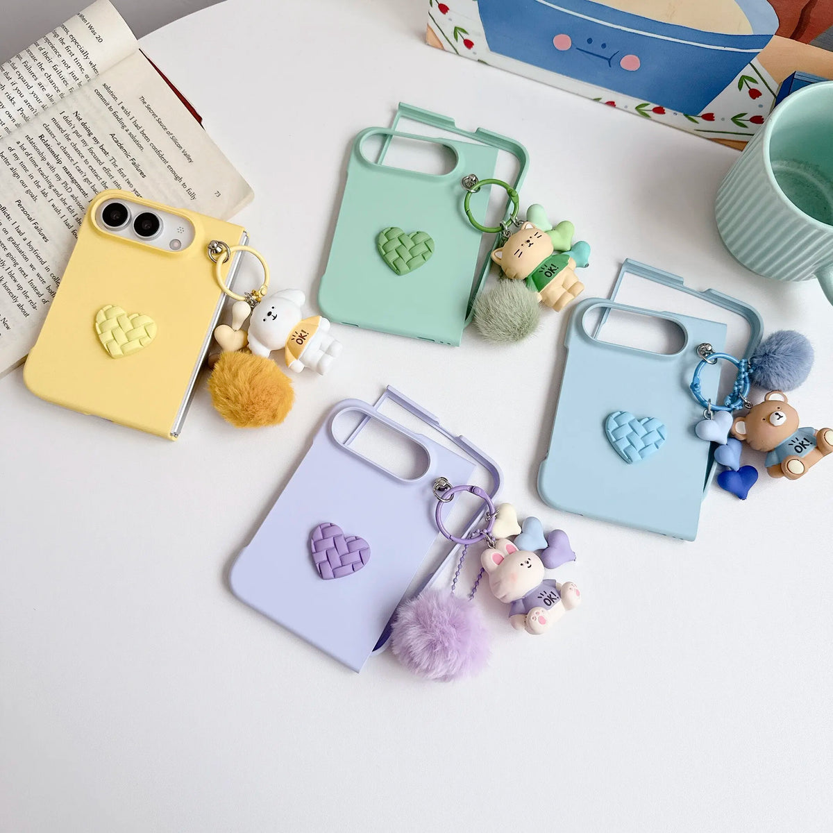 For iPhone Duo Cartoon Bear Plush Folding Phone Case for iPhone DUO New 18 Fold Slim Shockproof Love Heart Cover with Lanyard