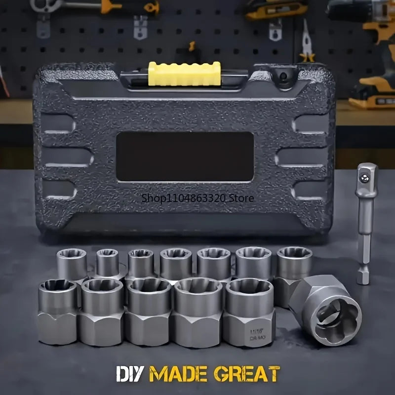 14pcs Impact Socket Set Nut And Bolt Extractor & Remover Chrome Molybdenum Steel Extractors with Storage Box for Automotive