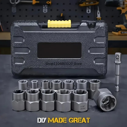 14pcs Impact Socket Set Nut And Bolt Extractor & Remover Chrome Molybdenum Steel Extractors with Storage Box for Automotive