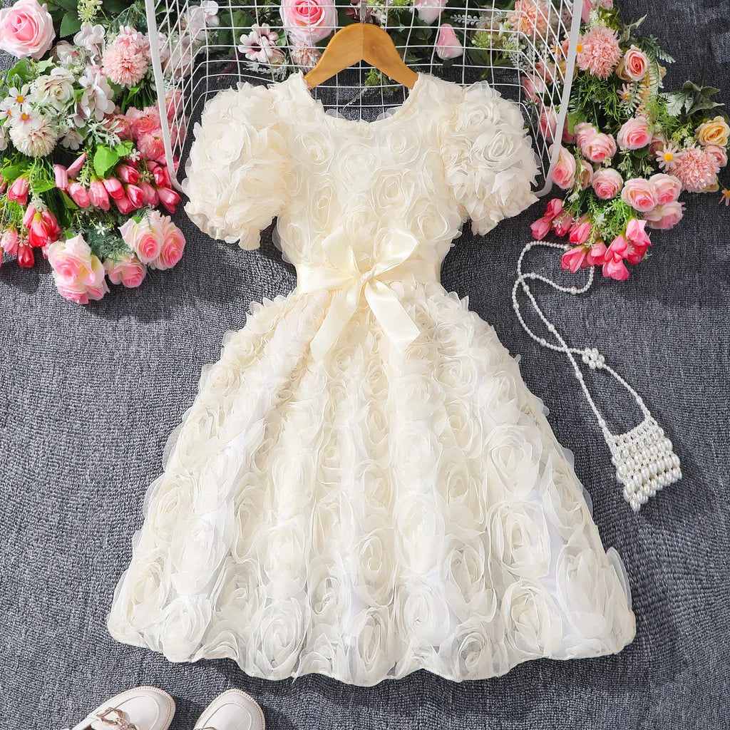 Dívčí béžové šaty, elegantní společenské šaty s krátkým rukávem, letní květinové princeznovské šaty, roztomilé dětské oblečení pro dívky 3–7 let
