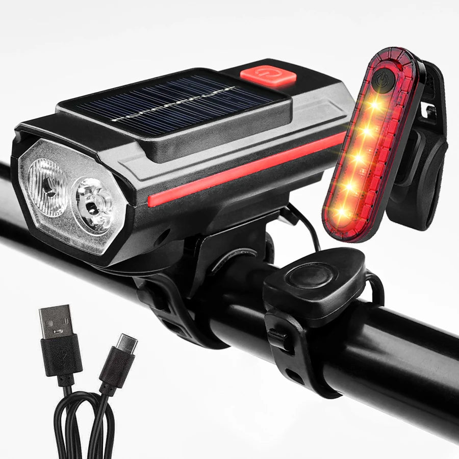 Solar Bicycle Light with Horn 120dB TYPE-C Fast Charging MTB Road Bike Front Lamp Flashlight Bicycle Light 1200 mah