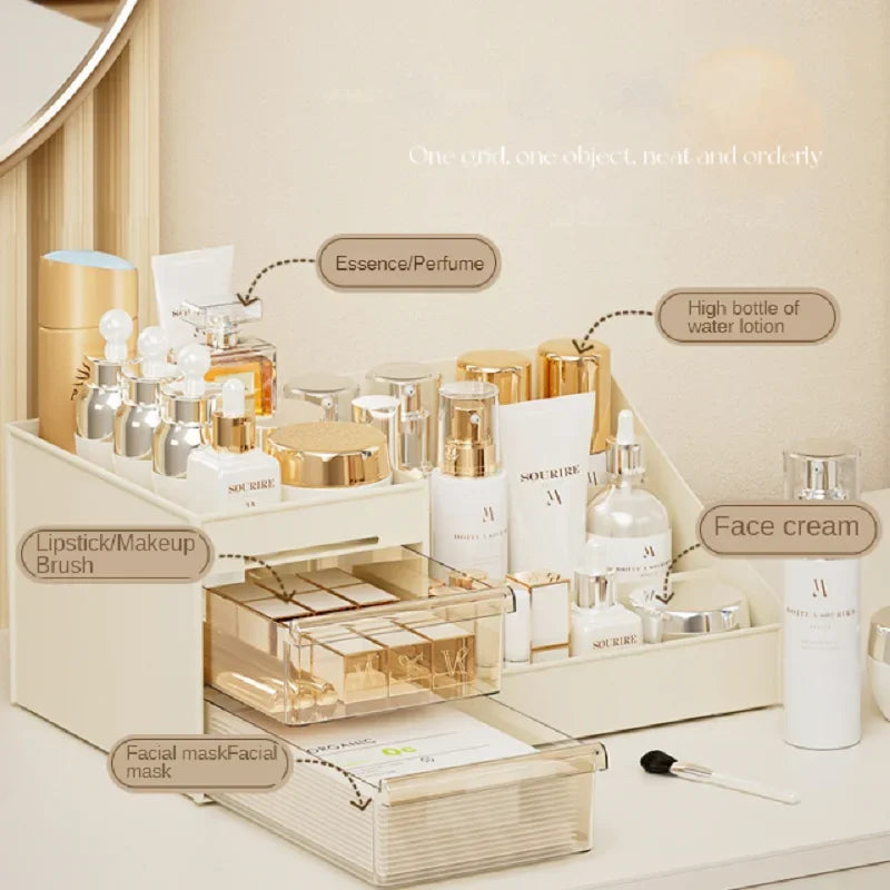 Large Capacity Makeup Cosmetic Organizer with Drawer Multi-Compartment Vanity Countertop Skincare Storage for Bathroom Dresser