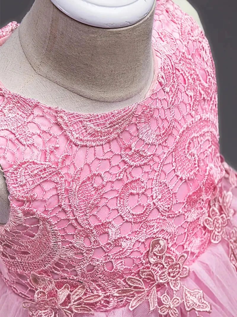 Girls Mesh Hem Princess Dress, Embroidery Design Sleeveless Flower Girl Dress For Pageant Gown Christmas Birthday #802