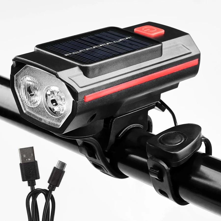 Solar Bicycle Light with Horn 120dB TYPE-C Fast Charging MTB Road Bike Front Lamp Flashlight Bicycle Light 1200 mah