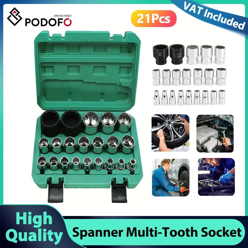 Podofo 21pcs 1/2inch Spanner Multi-Tooth Socket Set for 6 and 12 Points 8-36mm External Multi-Tooth Socket Box Car Nut 12-edge