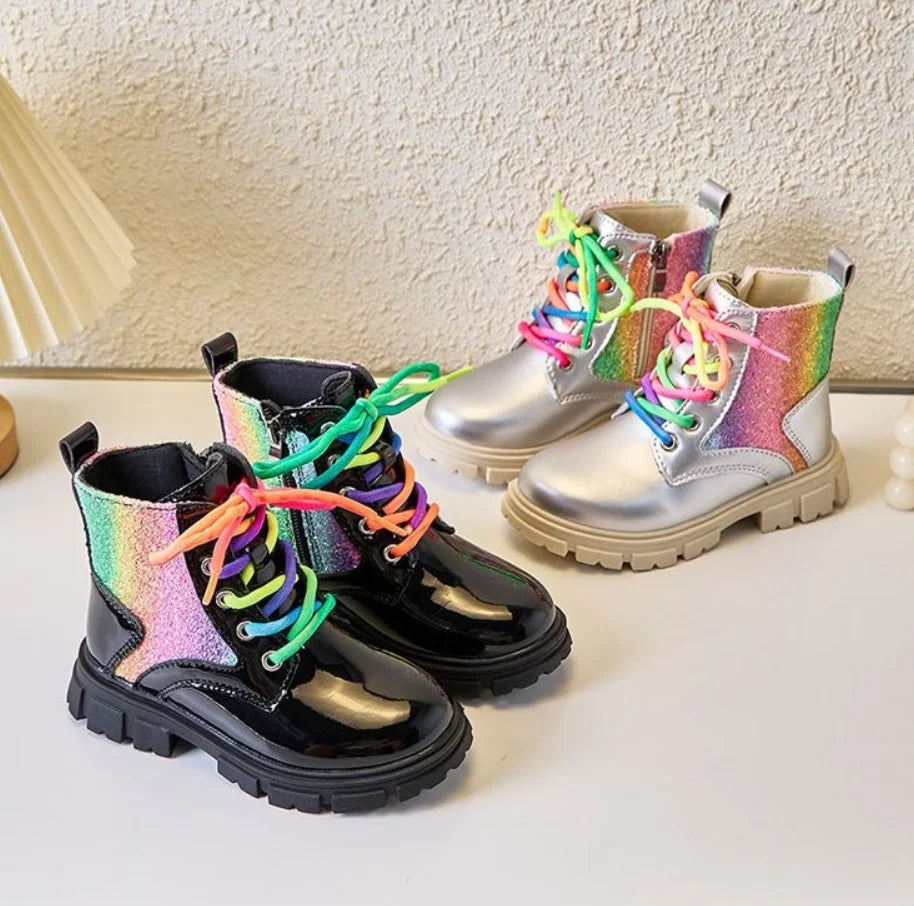 Winter Girls New Colorful Short Boots Fashion Children British Banquet Party Lace Leather Shoes Kids Versatile Thick Bottom Boot