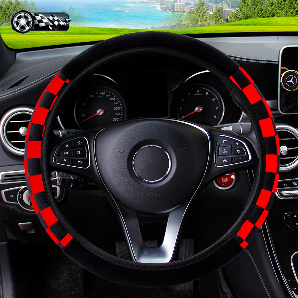 Plush Plaid Car without Inner Ring Steering Wheel Cover Comfortable Warm Soft Automotive Supplies Interior Suitable for 37-38cm