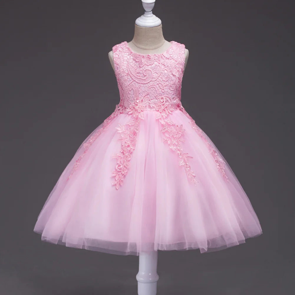 Girls Mesh Hem Princess Dress, Embroidery Design Sleeveless Flower Girl Dress For Pageant Gown Christmas Birthday #802