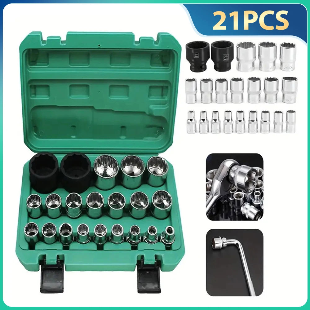 Podofo 21pcs 1/2inch Spanner Multi-Tooth Socket Set for 6 and 12 Points 8-36mm External Multi-Tooth Socket Box Car Nut 12-edge