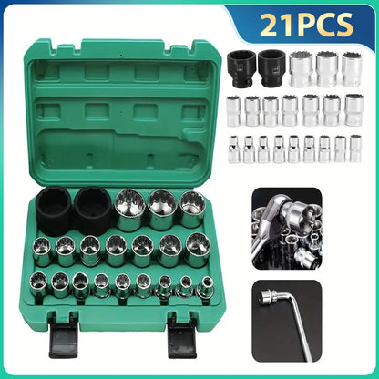 Podofo 21pcs 1/2inch Spanner Multi-Tooth Socket Set for 6 and 12 Points 8-36mm External Multi-Tooth Socket Box Car Nut 12-edge