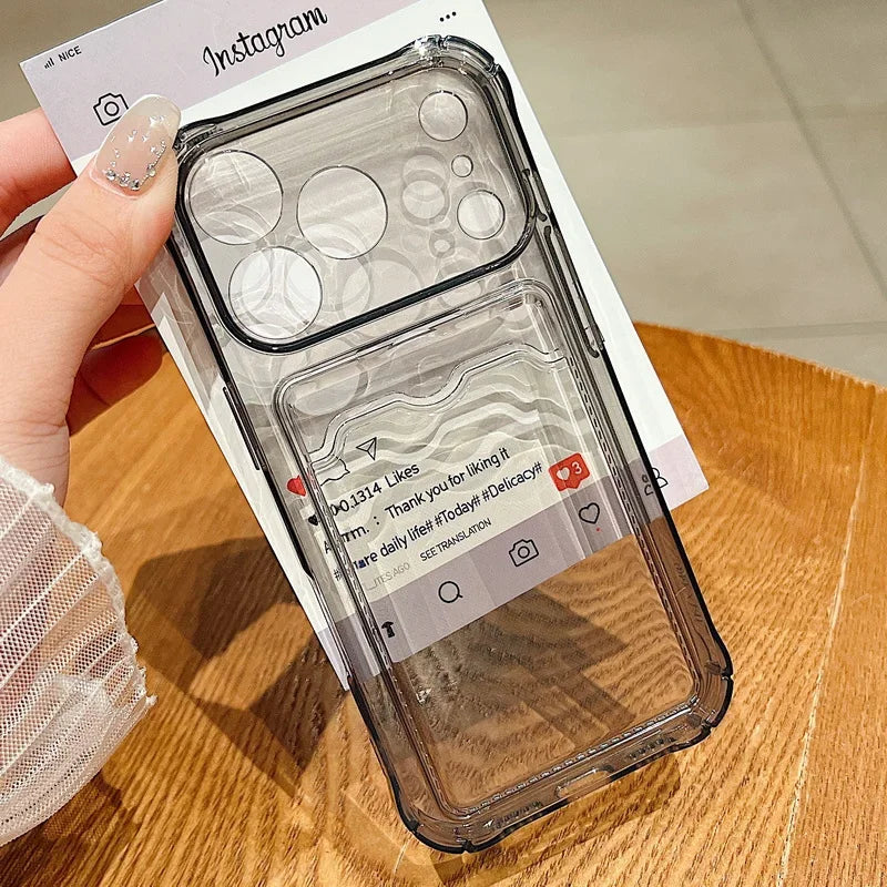 Průhledný nárazuvzdorný kryt na telefon s držákem na karty pro iPhone 18 17 16 15 14 13 12 11 Pro Xs Max 8 Plus Air Mini 16e 17e XR silikonový obal