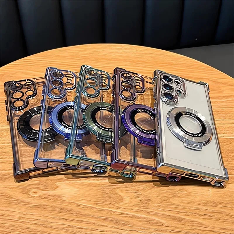 Luxury Magnetic Plating Case For Samsung Galaxy S25 S24 S23 S22 S20 FE Note 20 Ultra Stand Shockproof Transparent Back Cover