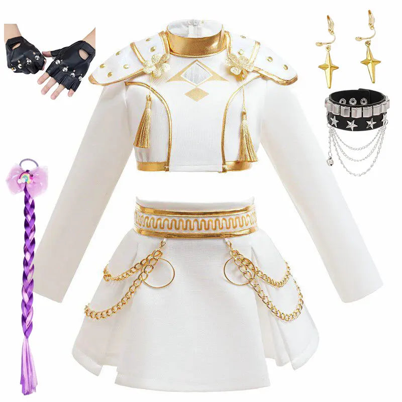 Dvoudílný taneční kostým pro dívky v bílé a zlaté barvě, populární oblečení na vystoupení ve stylu K-pop, dětská narozeninová párty, cosplay, týmová uniforma pro zpěvačky