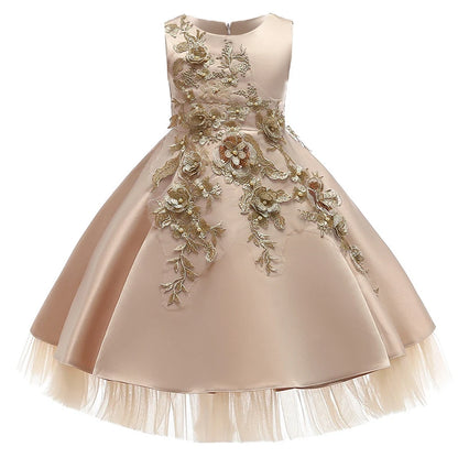 Elegant Flower Wedding Party Girls Dress Gold Princess Bridesmaids Evening Prom Gown Pageant Birthday Princess Dresses Vestidos