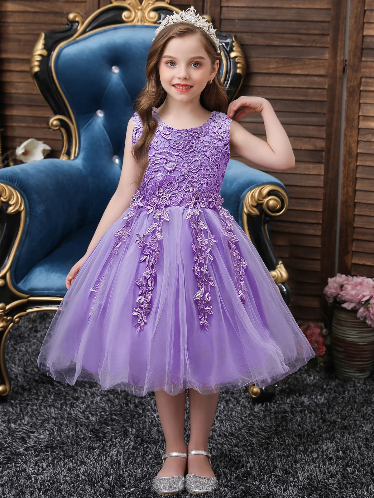 Girls Mesh Hem Princess Dress, Embroidery Design Sleeveless Flower Girl Dress For Pageant Gown Christmas Birthday #802