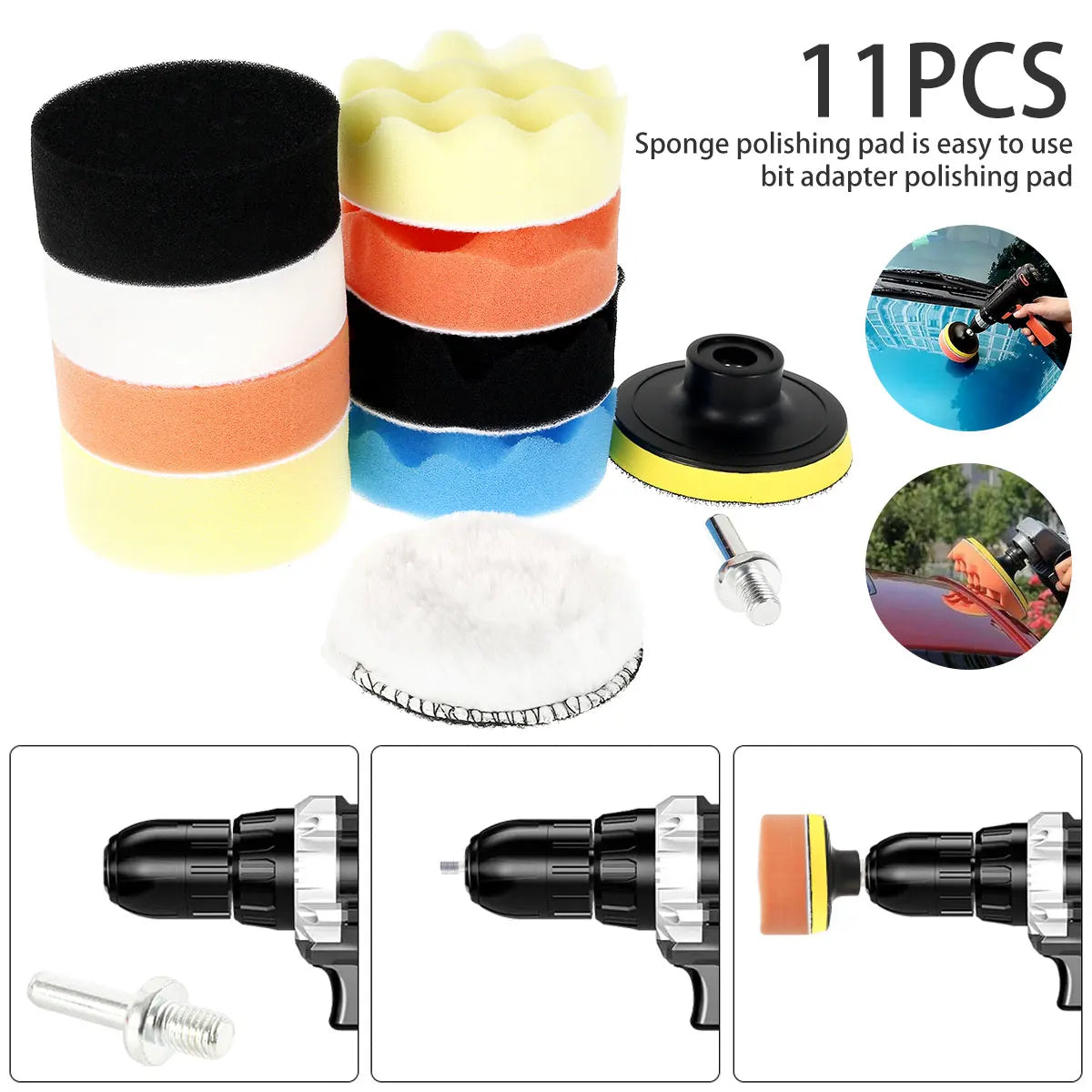 11 Pcs 3 Inch Car Polishing Pads Kit Reusable Car Buffing Pad Waxing Pad Cleaning Sponge Drill Attachment Auto Care Beauty Tools