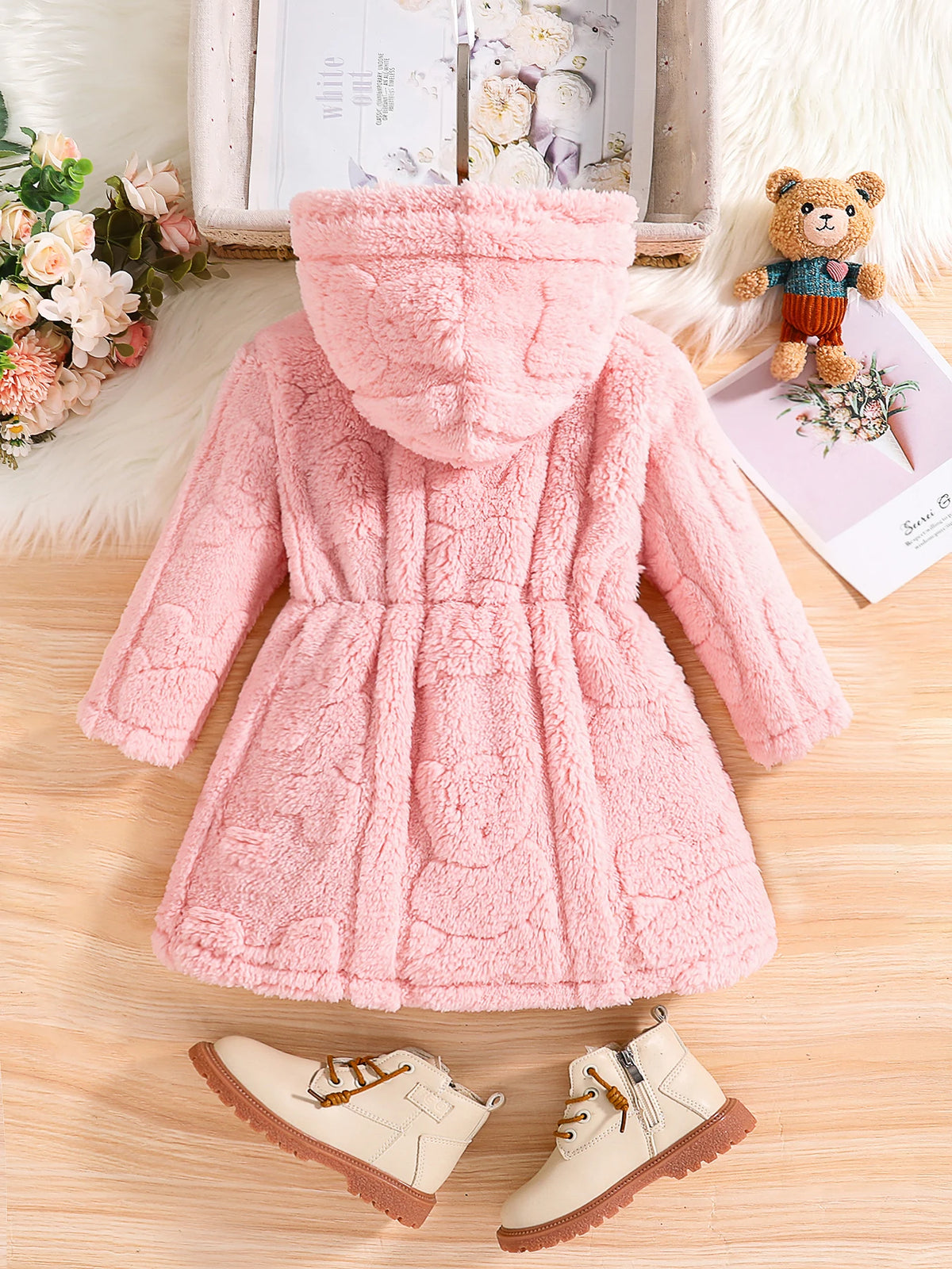 Girls spring and autumn children's fashion home casual warm pink velvet hooded coat 4-8Y1