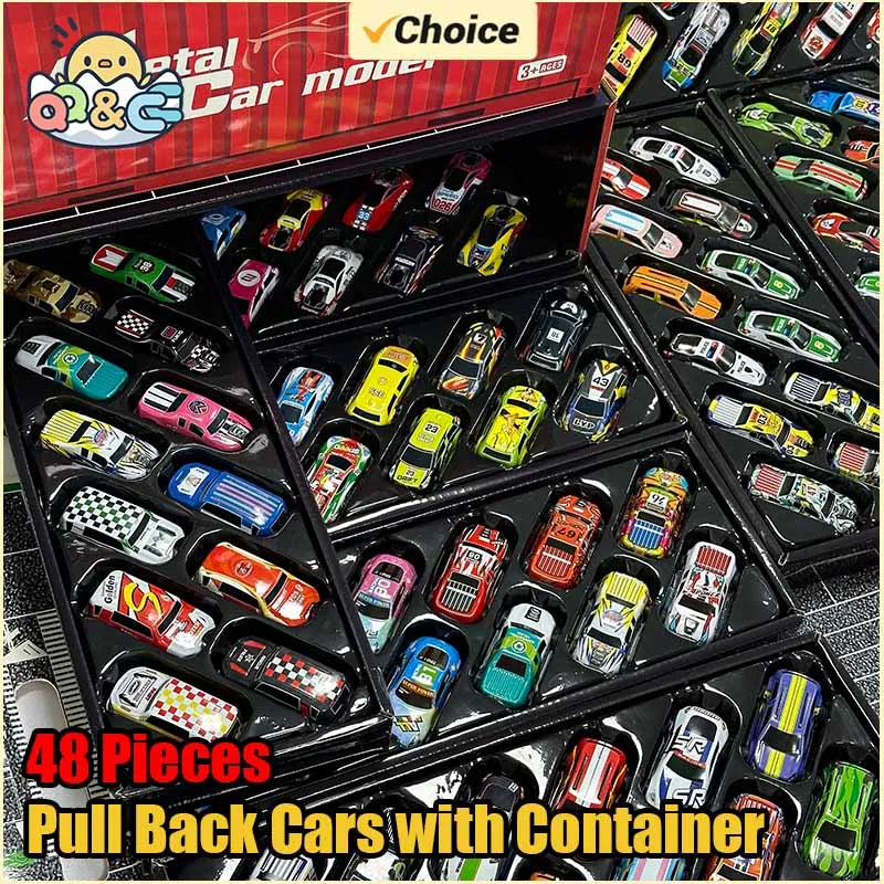 10/20/30/48 Pieces Pull Back Cars Mini Car Set Inertia for Boys Plastic Vehicle Model with Container Collection Toy Gift for Kid