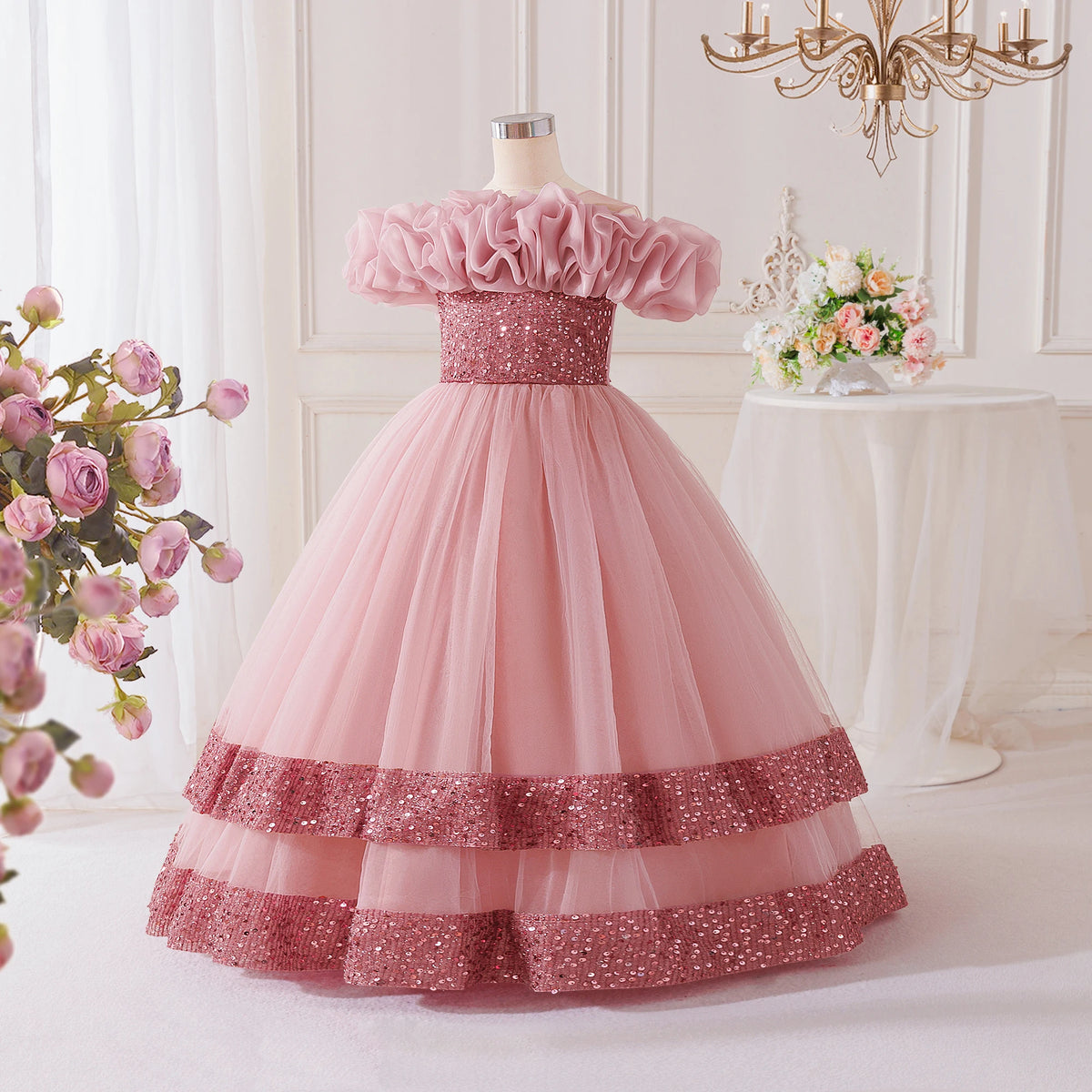 Elegant Flower Bridesmaid Party Girls Dresses Fashion Bow Pageant Wedding Princess Dress for Girls Birthday Prom Evening Costume